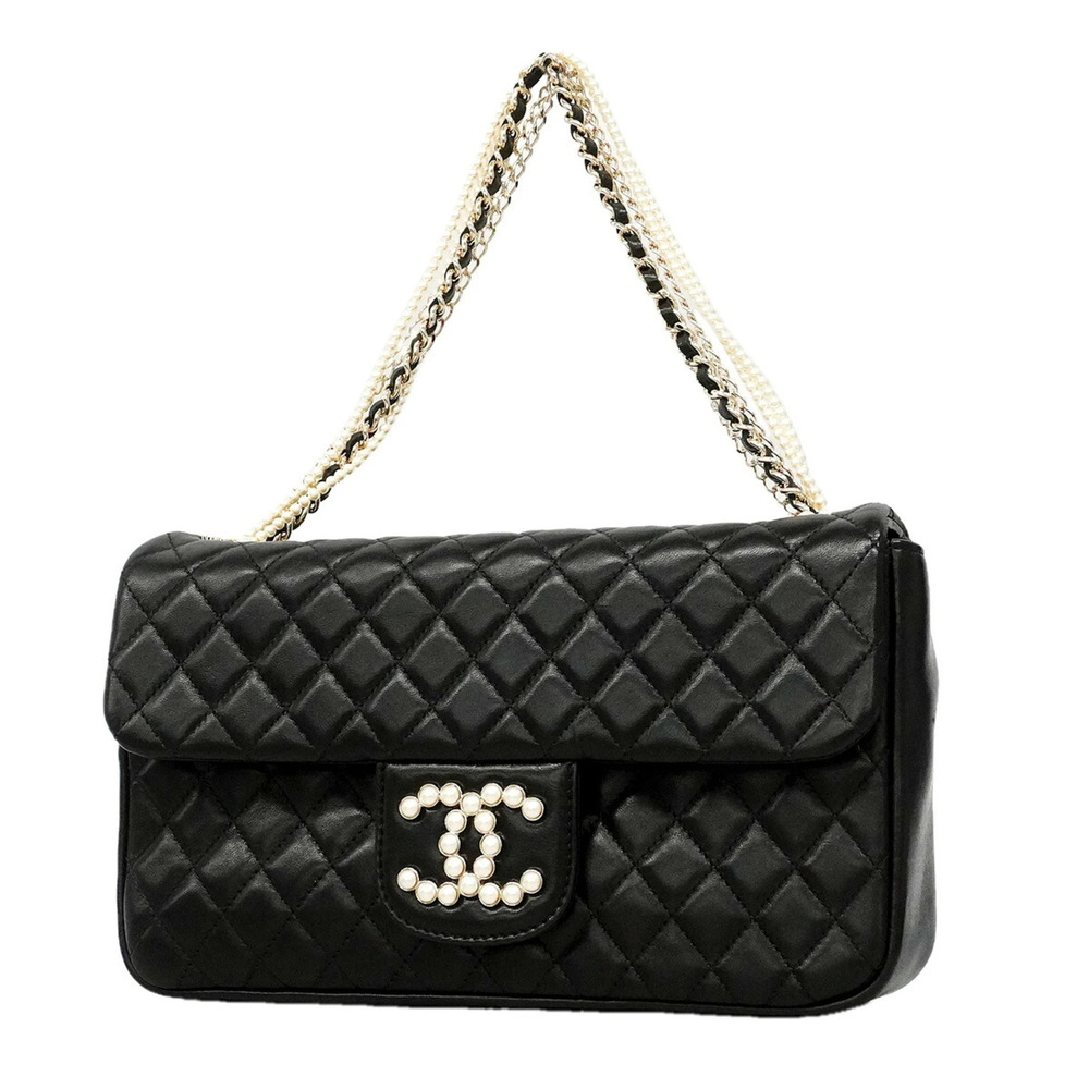Chanel Matelassé Chain Shoulder Bag, Westminster, Lambskin, Faux Pearl, Black...
